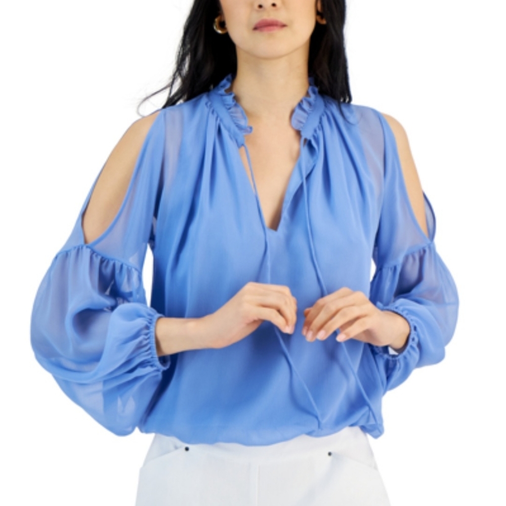 INC International Concepts Women's Crinkle Chiffon Cold-Shoulder Blouse